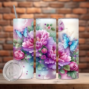 Purple Glitter Butterflies 20oz Skinny Tumbler Sublimation, Diamond Butterfly Tumbler Designs, Watercolor, Skinny/Straight, Digital Download