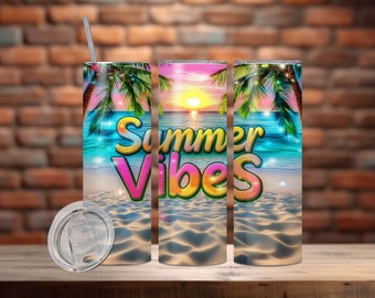 Summer Vibes Tumbler Wrap, Sunset Beach Ocean  Sea PNG Design, Summer Tumbler 20oz Skinny Sublimation Tumbler Design, PNG, Digital Download