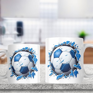 3D Soccer Ball Hole In Blue Wall Mug Wrap 11oz & 15oz Mug Template, 3D Mug Sublimation Design Mug Wrap Template PNG Instant Digital Download
