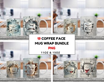 3D Coffee Mug Face Emoji Emotions Mug Wrap, Funny Face Mug, 11 oz & 15 oz Funny Mug Bundle Sublimation Wrap, PNG Template, Digital Download