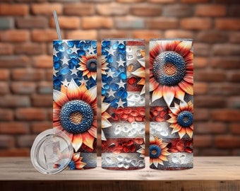 Sunflowers 4th of July Tumbler Wrap 20 oz Skinny Tumbler PNG American Flag Sublimation Design Floral Patriotic Independence Day Tumbler Wrap