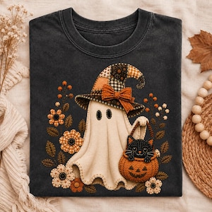 Patchwork Ghost Cat PNG, Witch Ghost Pumpkin Basket PNG, Fall Halloween Sublimation, Cute Spooky Ghost Shirt Design, Cozy Fall PNG