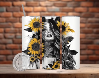 Badass Chick 20oz Tumbler Wrap, Sublimation Design Templates, Straight Tumbler Wrap PNG, Sunflower Skull Tumbler, Instant Digital Download