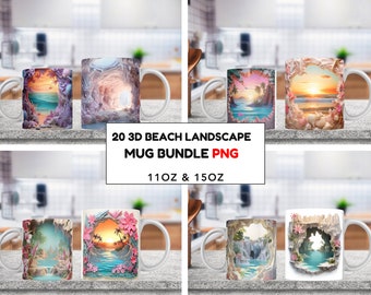 3D Beach Landscape Mug Wrap Design Bundle, Beach Mug Design, 3D Mug, 3D Mug Design 11oz 15oz Wrap 3D Carved Png, 15oz Mug Sublimation Wrap