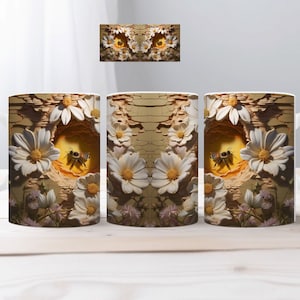 May include: Three white ceramic mugs featuring a design of a bee flying into a hole in a wall of white daisies. The wall is made of a textured material that resembles wood.