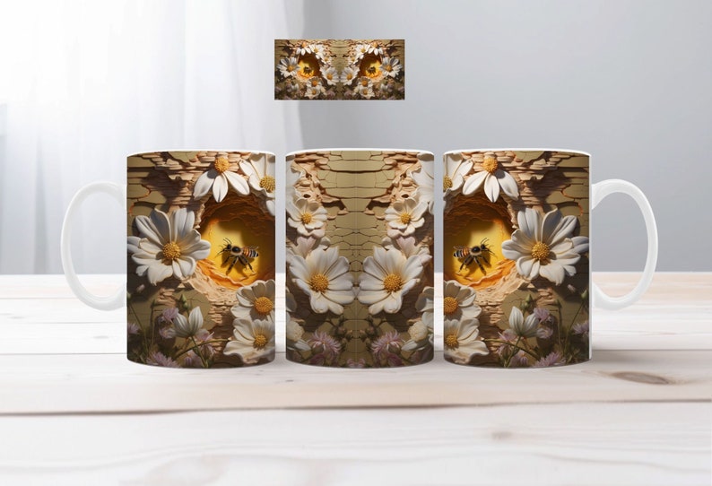 May include: Three white ceramic mugs featuring a design of a bee flying into a hole in a wall of white daisies. The wall is made of a textured material that resembles wood.