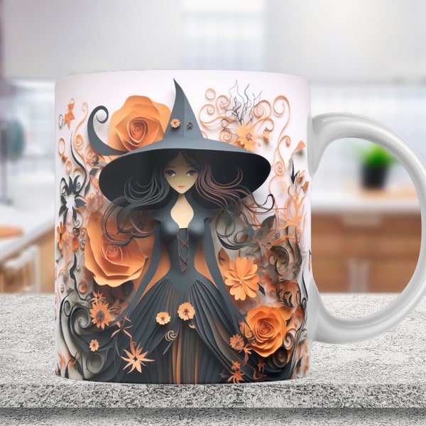 3D Witch Mug Wrap PNG 11oz 15oz Mug Sublimation Design PNG Halloween, 3D Spooky Season Mug Wrap, 3D Pumpkin Mug Wrap, Witch Halloween Mug