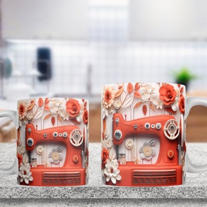 3D Red Sewing Machine Mug Wrap, 11oz & 15oz Mug Template, Roses Mug Sublimation Design, Mug Wrap Template, 3D Mugs, Instant Digital Download image 3