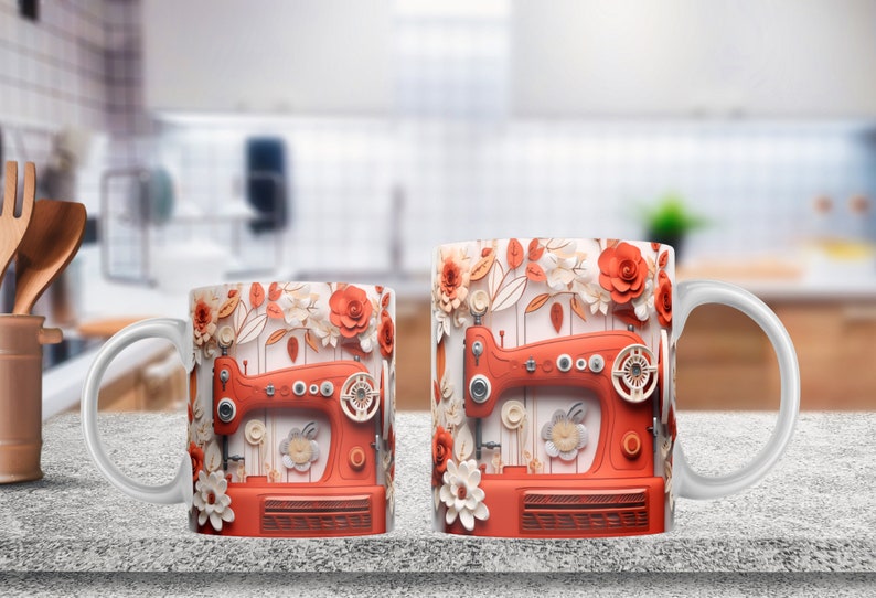 3D Red Sewing Machine Mug Wrap, 11oz & 15oz Mug Template, Roses Mug Sublimation Design, Mug Wrap Template, 3D Mugs, Instant Digital Download image 3