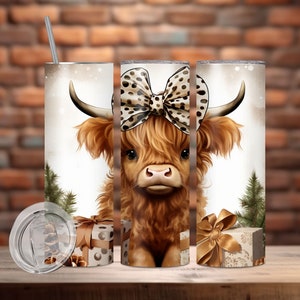 Baby Highland Cow Christmas Tumbler Sublimation Design, 20 oz and 30 oz Baby Highland Cow PNG, Leopard Christmas, Digital Download PNG