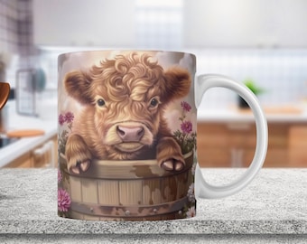 Baby Highland Cow Mug Wrap PNG Sublimatie Ontwerpen voor 15 oz & 11 oz Highland Cow Mok Koffie Wrap Template, Instant Digitale Download