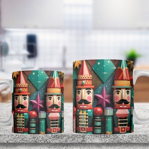 May include: Two white ceramic mugs with handles. The mugs feature a colorful design of nutcracker soldiers with red, green, blue, and gold accents. The design is a repeating pattern of nutcracker soldiers.