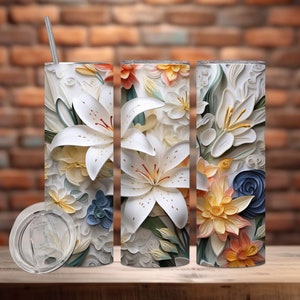 3D Lilies Flowers 20 oz and 30 oz Skinny Tumbler Sublimation Design, Straight And Tapered Tumbler Wrap, Instant Digital Download PNG