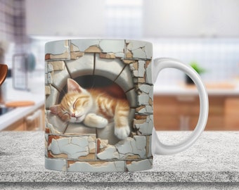 Sleeping Cat Hole In A Wall Mug Wrap, 11oz 15oz Mug Template, 3D Mug, Mug Sublimation Design, Mug Wrap Template PNG, 3D Cat Mug Press Design