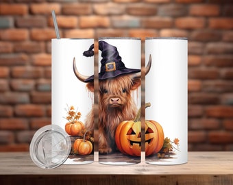 Halloween Baby Highland Cow in a Witch Hat 20oz & 30oz Sublimation Tumbler Design, Straight and Tapered Tumbler Wrap PNG, Digital Download