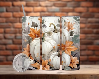 Autumn Pumpkin Wrap PNG Digital Download 20 oz and 30 oz Skinny Tumbler | Sublimation File | Halloween | Autumn | Fall Pumpkins | Fall Mums