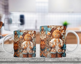 3D Gingerbread Man Mug Sublimation, 3D Christmas 11oz, 15oz Mug Sublimation Wrap, Instant Digital Download Mug PNG, Coffee Cup Tea Cup Wrap