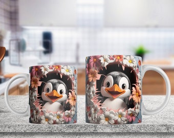 3D Penguin Mug Wrap, 11oz & 15oz Mug Template, Mug Sublimation Design, Hole In A Wall Mug Wrap Template, Instant Digital Download PNG