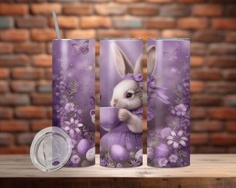 Wielkanocny Króliczek 20oz Skinny Tumbler Wrap, Wielkanocny Kubek, Pastelowe Kwiaty 20 oz Sublimacja Projekt PNG, Bunny Tumbler PNG, Pobieranie Cyfrowe