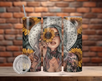 Sunflower Gothic Tumbler wrap, 20oz Skinny Straight Tumbler Sublimation Design Templates, Gothic Girl, Spring Tumbler PNG, Digital Download