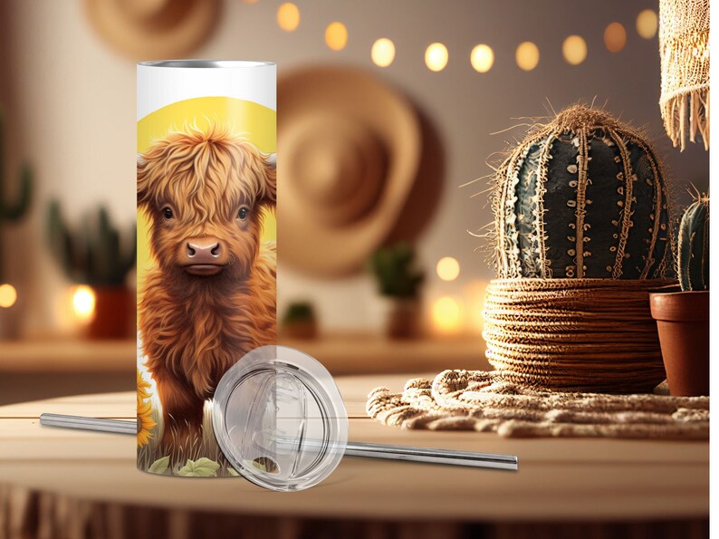 Puede incluir: Un vaso de acero inoxidable con una ilustraci&oacute;n de una vaca de las Tierras Altas sobre un fondo amarillo. El vaso incluye una tapa y una pajita de metal. El dise&ntilde;o muestra una vaca marr&oacute;n y beige con un girasol.