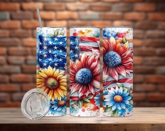 Sunflower 4th of July Tumbler Wrap 20 oz Skinny Tumbler PNG American Flag Sublimation Design, Floral Patriotic Independence Day Tumbler Wrap