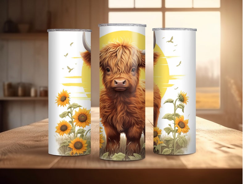 Puede incluir: Tres vasos blancos de acero inoxidable. Cada vaso presenta una ilustraci&oacute;n de una vaca de las Tierras Altas contra un sol amarillo, con girasoles y hierba. Los vasos est&aacute;n dise&ntilde;ados para bebidas fr&iacute;as.