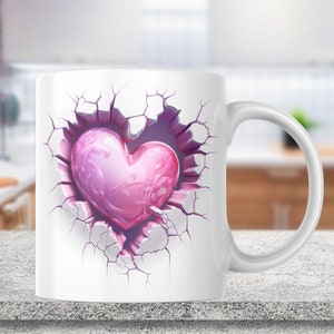 3D Pink Heart Hole In A Wall Mug Wrap, 11oz & 15oz Mug Template, Mug Sublimation Design, Mug Wrap Template, Instant Digital Download PNG