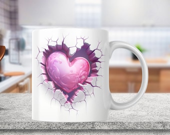 3D Pink Heart Hole In A Wall Mug Wrap, 11oz & 15oz Mug Template, Mug Sublimation Design, Mug Wrap Template, Instant Digital Download PNG