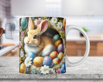 3D konijn Pasen mok wrap 11oz 15oz mok PNG, Pasen mok sublimatie ontwerp PNG, 3D konijn gat in een muur mok wrap sjabloon, Pasen mok wrap