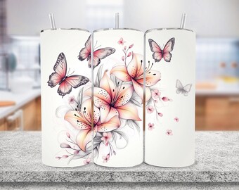 Envoltura para vaso con mariposas y flores rosas 3D, diseños de sublimación para vasos florales delgados de 20 oz, descarga digital PNG, vaso con mariposas de primavera PNG