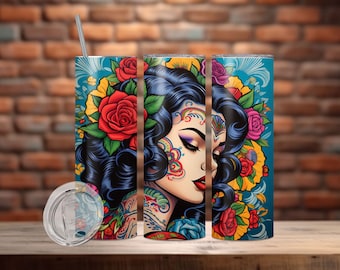 Chicana Tumbler Wrap, 20 oz e 30 oz Skinny Tumbler Wrap Sublimation PNG, Tumbler dritto e affusolato Wrap PNG, Chola Tumbler Design