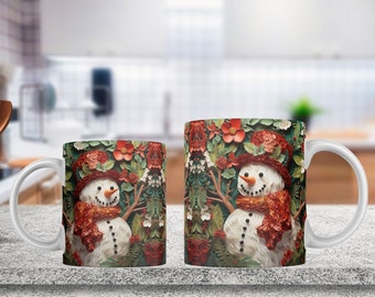 3D Snowman Mug Wrap, Christmas Mug Wrap Sublimation Design PNG, 11oz and 15oz Coffee Cup Template, 3D Floral Snowman Mug Press Design