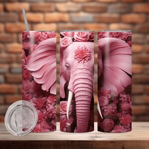 3D Pink Elephant 20oz and 30 oz Sublimation Tumbler Designs, Floral Straight and Tapered  Skinny Tumbler Wrap PNG, Sublimation Design PNG
