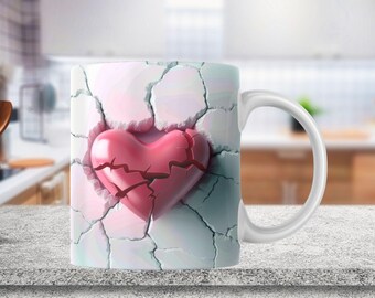 Valentines Heart Hole In A Wall Mug Wrap, 11oz & 15oz Mug Template, Mug Sublimation Design, Valentines Mug Wrap Template, Digital Download