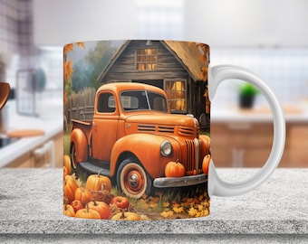 May include: Orange vintage pickup truck with a wooden bed full of pumpkins, parked in front of a rustic wooden cabin with a lit window. The truck is surrounded by fallen autumn leaves.