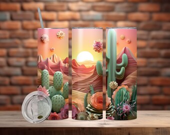 3D Cactus Flowers 20 oz and 30 oz Skinny Tumbler Sublimation Design, Straight And Tapered Tumbler Wrap, Instant Digital Download PNG, 3d Art