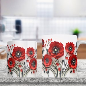 Red Flowers 3d Mug Wrap Sublimation Design, 15 Oz Mug Template, Sublimation Designs, 11 Oz Mug Template, Mug PNG, 3d Mug, Mug Wrap Template
