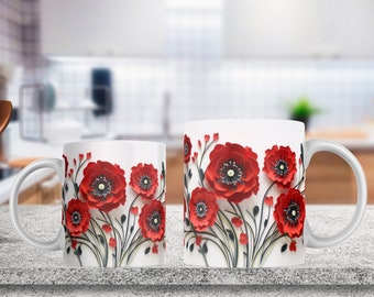 Red Flowers 3d Mug Wrap Sublimation Design, 15 Oz Mug Template, Sublimation Designs, 11 Oz Mug Template, Mug PNG, 3d Mug, Mug Wrap Template