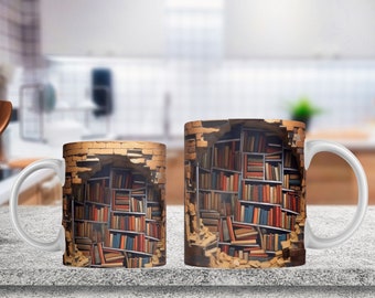 3D Bookshelf Mug Sublimation, 3D Book Mug Wrap, 11oz and 15oz Mug Design, 3D Mug Wrap, 11oz Mug Png, 15oz Mug PNG Book Lover Mug Coffee Mug
