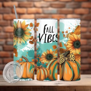 Fall Vibes Pumpkin Tumbler Wrap, 20 oz Skinny Sublimation Tumbler Design, Fall Sublimation Png, Floral Autumn Pumpkin Tumbler Png Downloads