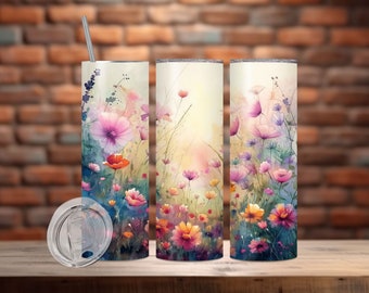 Flores de campo 20 oz Skinny Tumbler Sublimation Design Seamless Wild Floral Digital PNG Envoltura recta Tobogán de agua, Descarga digital instantánea