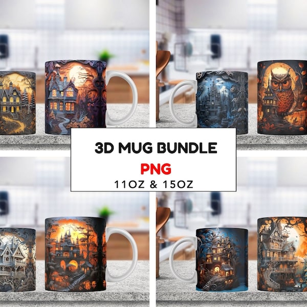 3D Haunted House Mug Wrap Design Bundle, 3D Fall Vibes Mug, 3D Halloween Castle Mug Design Bundle, 11oz, 15oz Mug Sublimation, 3d Mugs