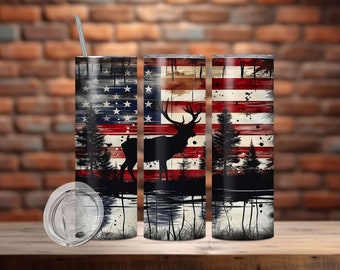 May include: Three stainless steel tumblers featuring a distressed American flag design with a silhouette of a deer standing in front of a forest. The tumblers have a black base and a clear lid.