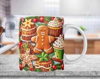Gingerbread Christmas Mug Wrap, Gingerbread Man and Donuts Mug Wrap Sublimation Design PNG, 11oz and 15oz Coffee Mug Wrap, Digital Download