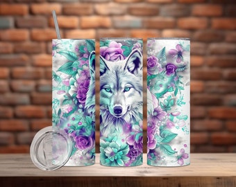 Wolf Tumbler Wrap, 20oz Skinny Straight Tumbler Sublimation Design Templates PNG, Floral Tumbler, Spring Flower, Instant Digital Download