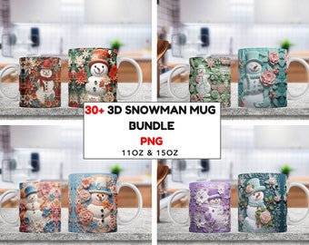 Puede incluir: Varias tazas de cerámica con diseños de muñecos de nieve en 3D. Las tazas presentan diversas combinaciones de colores, incluyendo patrones florales y texturizados. El texto "30+ 3D SNOWMAN MUG BUNDLE PNG 11OZ & 15OZ" se muestra en la imagen.