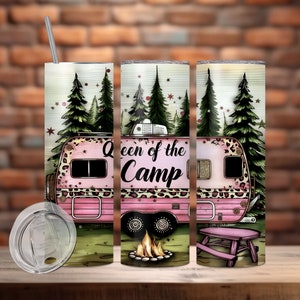Camping Queen Tumbler Wrap, 20oz Skinny Sublimation Tumbler Design, Camping Sublimation Design, Pink Camper Tumbler Png, Digital Downloads