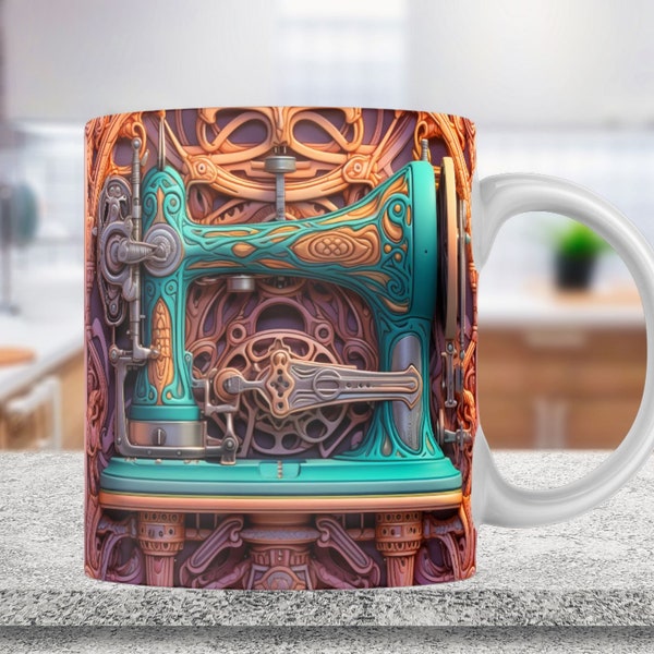 3D Sewing Mug, 3D Floral Sewing Machine 11oz,15oz Mug Sublimation Wrap, Digital Download Mug, 3D Mug Wrap Coffee Mug PNG, mug wrap template