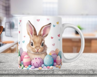 Happy Easter mug PNG for sublimation, Cute Easter Bunny Mug Wrap, Spring Design for 11oz and 15oz coffee mugs, easter eggs mug template